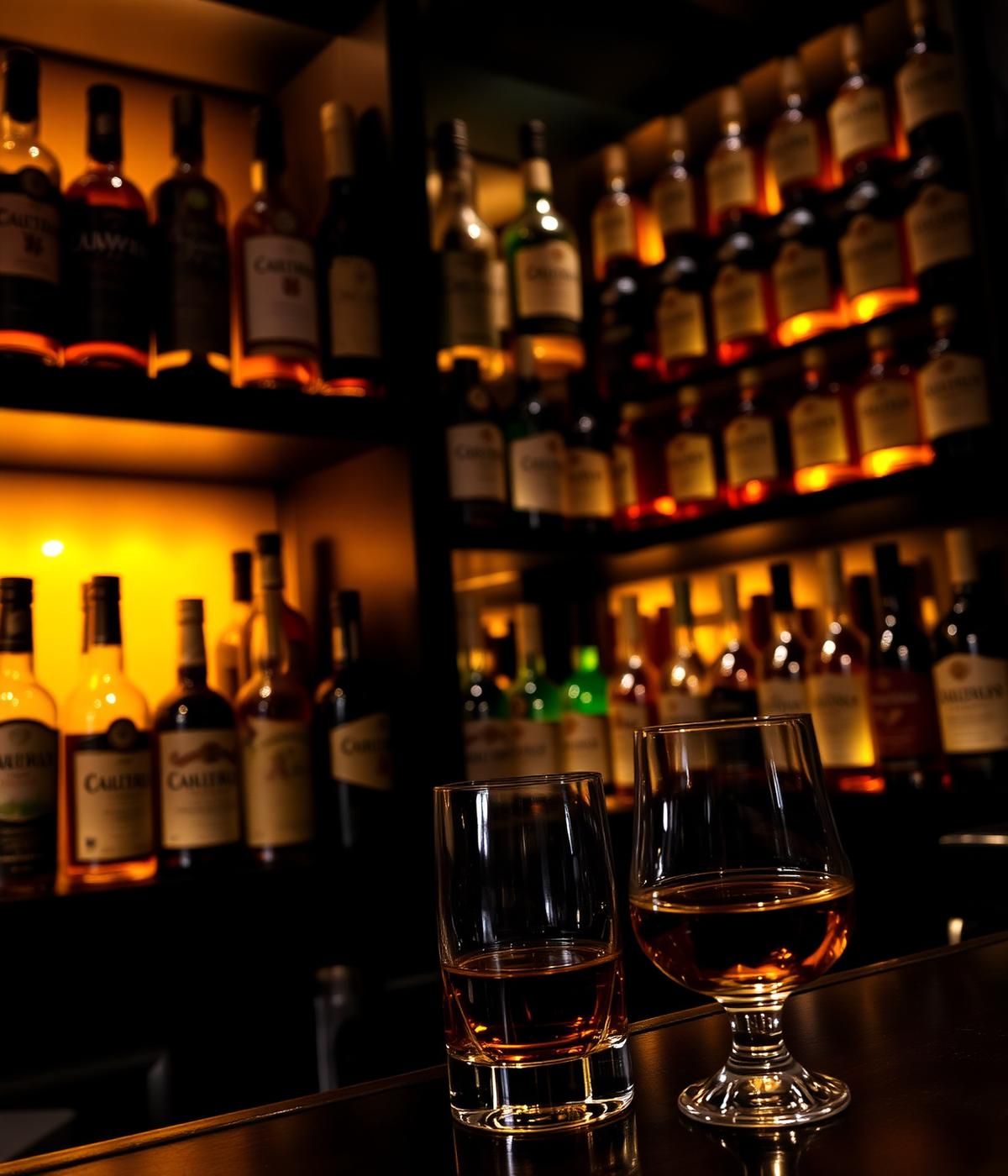 Whiskey bottles and glasses at the Dublin Inn bar